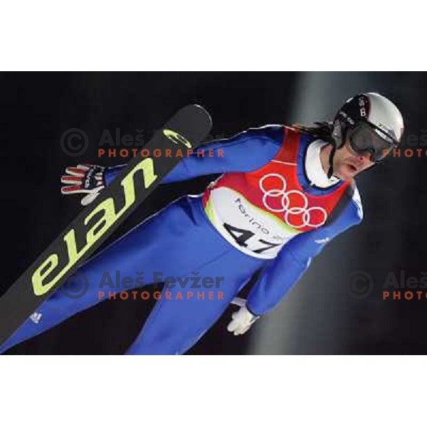 Primoz Peterka of Slovenia jumping in qualification round at 90 m individual ski jumping event in Pragelato at Torino 2006 winter Olympic games, Italy on February 11, 2006