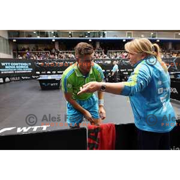 Darko Jorgic of Slovenia and coach Andreja Ojstersek during the Final of World Table Tennis Contender Nova Gorica, Slovenia on November 6, 2022