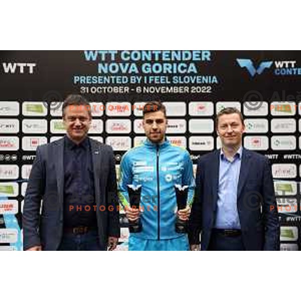 Borut Miklic, Darko Jorgic of Slovenia finalist and Tomaz Kralj at World Table Tennis Contender Nova Gorica, Slovenia on November 6, 2022