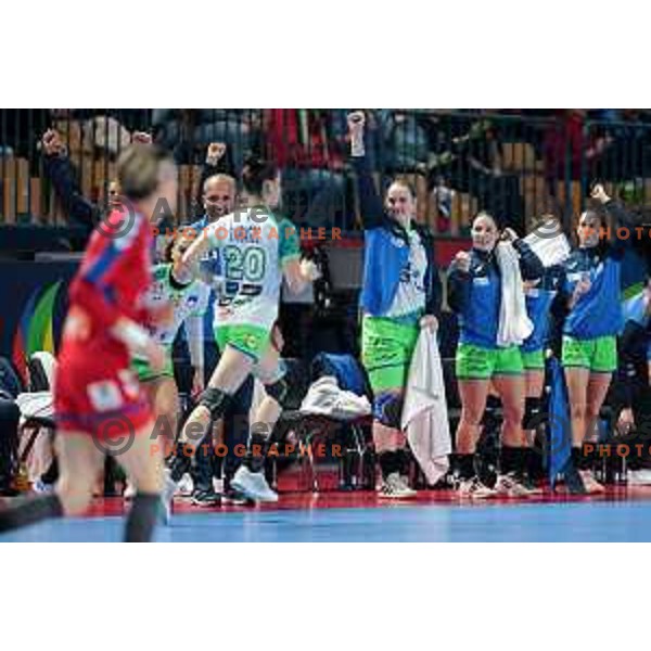 In action during handball match between Slovenia and Serbia at Women\'s EHF Euro 2022, Celje, Slovenia on November 8, 2022