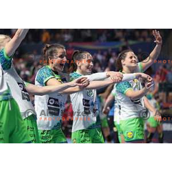 Players of Slovenia celebrate victory at handball match between Slovenia and Serbia at Women\'s EHF Euro 2022, Celje, Slovenia on November 8, 2022