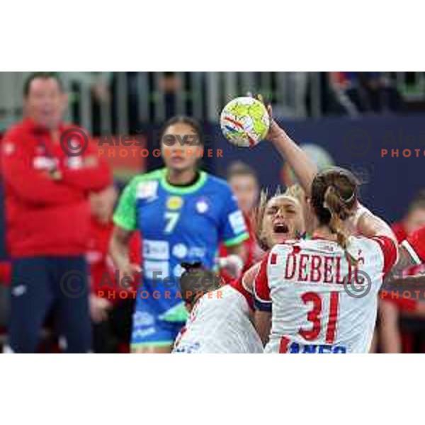 in action during the handball match between Slovenia and Croatia at Women\'s EHF Euro 2022 in Ljubljana, Slovenia on November 10, 2022