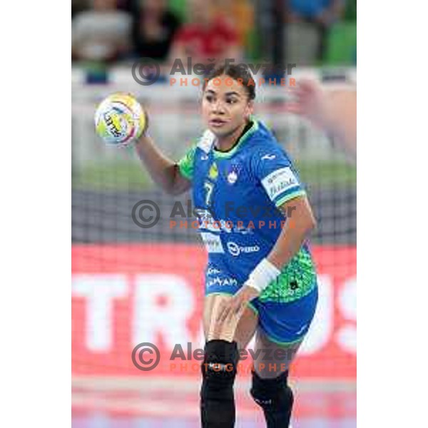 Elizabeth Omoregie in action during the handball match between Slovenia and Croatia at Women\'s EHF Euro 2022 in Ljubljana, Slovenia on November 10, 2022 