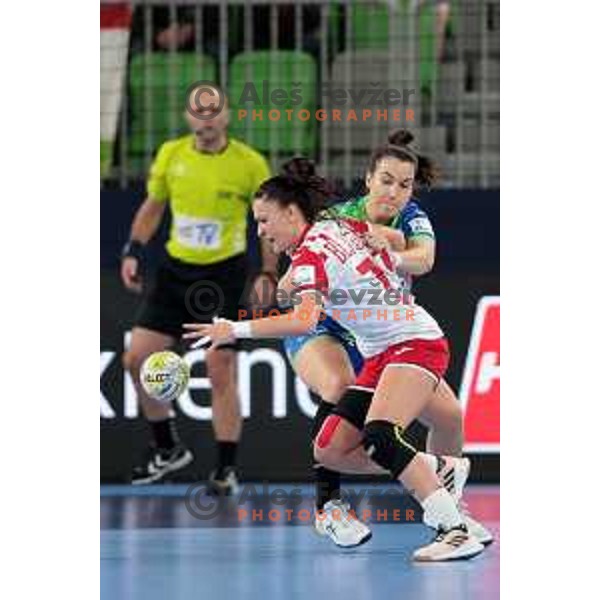 Valentina Blazevic and Tjasa Stanko in action during the handball match between Slovenia and Croatia at Women\'s EHF Euro 2022 in Ljubljana, Slovenia on November 10, 2022