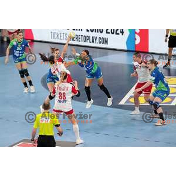 Valentina Blazevic and Tjasa Stanko in action during the handball match between Slovenia and Croatia at Women\'s EHF Euro 2022 in Ljubljana, Slovenia on November 10, 2022