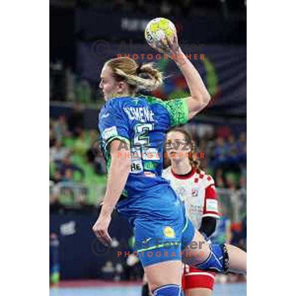 Valentina Klemencic in action during the handball match between Slovenia and Croatia at Women\'s EHF Euro 2022 in Ljubljana, Slovenia on November 10, 2022