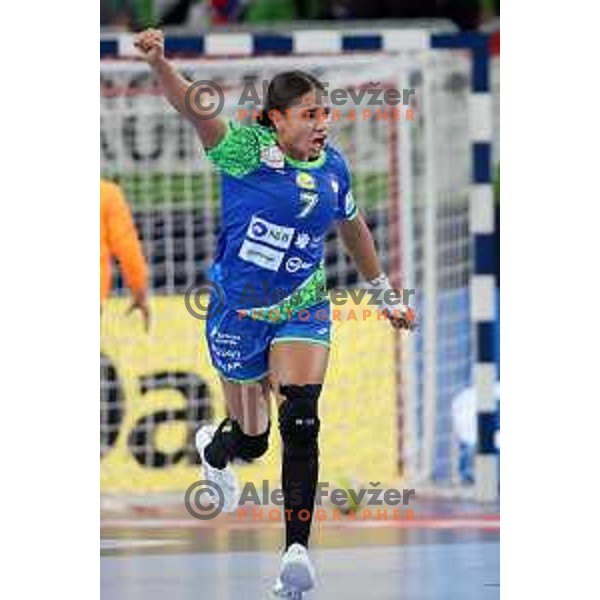 Elizabeth Omoregie in action during the handball match between Slovenia and Croatia at Women\'s EHF Euro 2022 in Ljubljana, Slovenia on November 10, 2022 