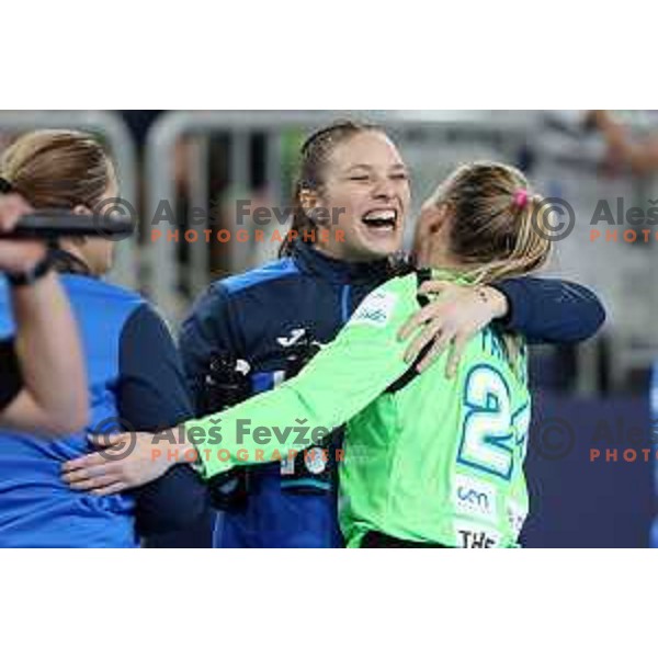 Amra Pandzic and Maja Vojnovic celebrate victory at the handball match between Slovenia and Croatia at Women\'s EHF Euro 2022 in Ljubljana, Slovenia on November 10, 2022