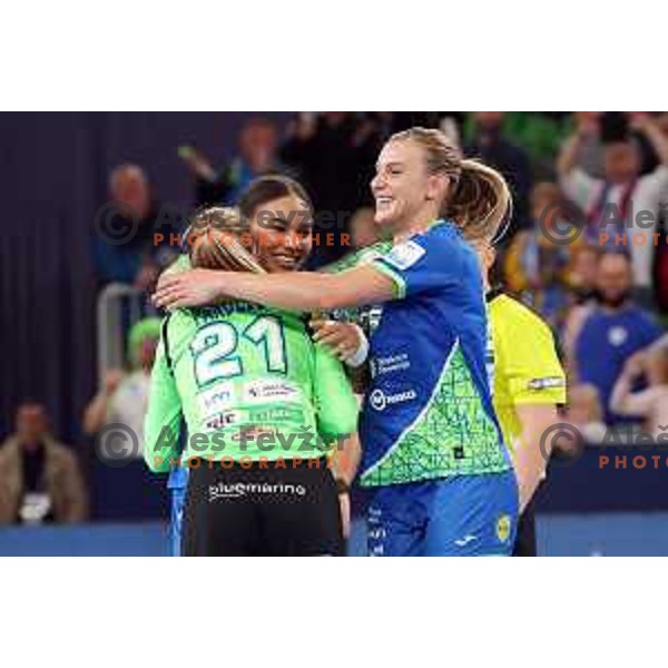 Amra Pandzic, Elizabeth Omoregie and Barbara Lazovic celebrate victory at the handball match between Slovenia and Croatia at Women\'s EHF Euro 2022 in Ljubljana, Slovenia on November 10, 2022