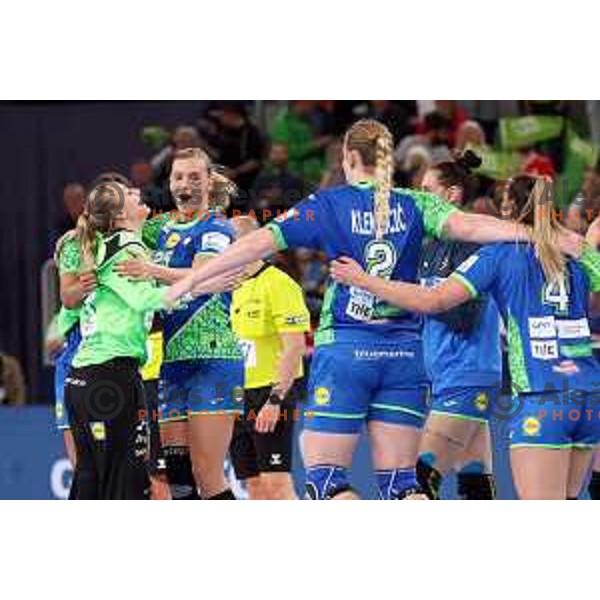 Amra Pandzic and Barbara Lazovic celebrate victory at the handball match between Slovenia and Croatia at Women\'s EHF Euro 2022 in Ljubljana, Slovenia on November 10, 2022