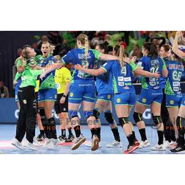 Amra Pandzic and Barbara Lazovic celebrate victory at the handball match between Slovenia and Croatia at Women\'s EHF Euro 2022 in Ljubljana, Slovenia on November 10, 2022