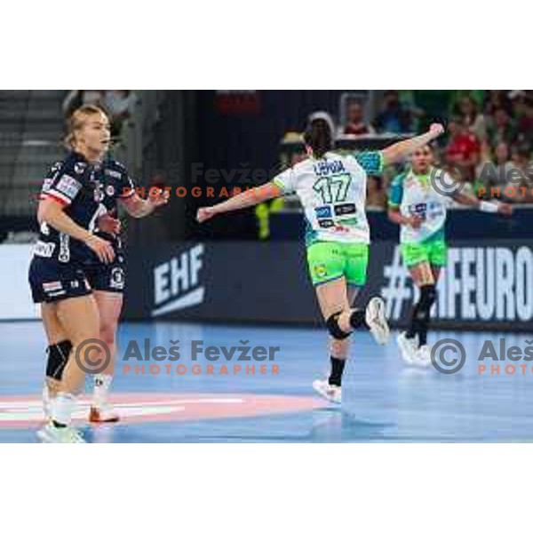 Natasa Ljepoja in action during the handball match between Slovenia and Norway at Women\'s EHF Euro 2022 in Ljubljana, Slovenia on November 14, 2022