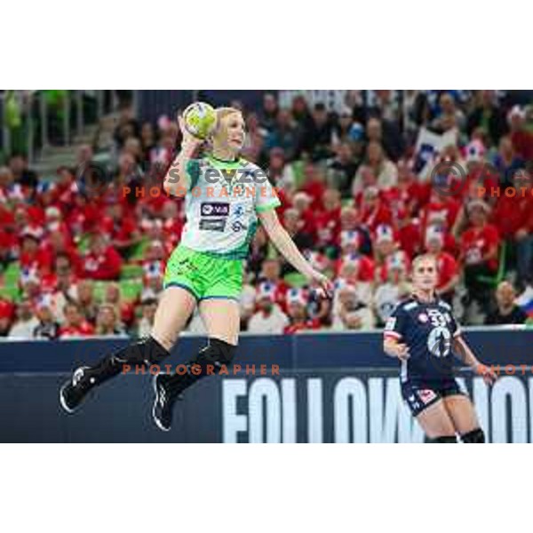 Tamara Mavsar in action during the handball match between Slovenia and Norway at Women\'s EHF Euro 2022 in Ljubljana, Slovenia on November 14, 2022