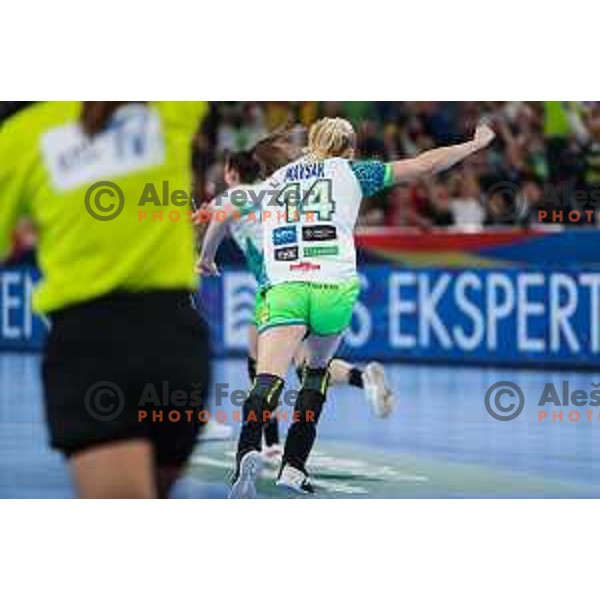 Tamara Mavsar in action during the handball match between Slovenia and Norway at Women\'s EHF Euro 2022 in Ljubljana, Slovenia on November 14, 2022