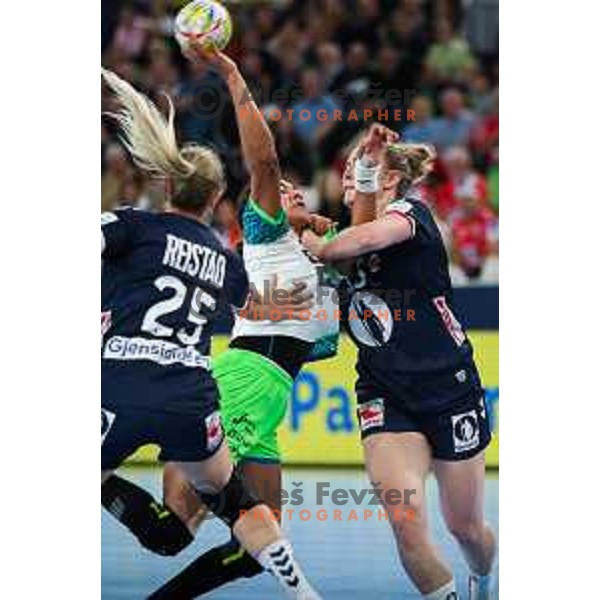 Elizabeth Omoregie in action during the handball match between Slovenia and Norway at Women\'s EHF Euro 2022 in Ljubljana, Slovenia on November 14, 2022