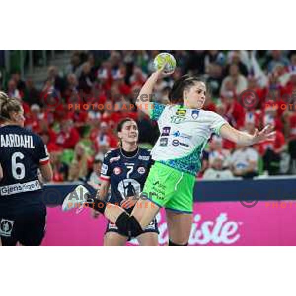 Natasa Ljepoja in action during the handball match between Slovenia and Norway at Women\'s EHF Euro 2022 in Ljubljana, Slovenia on November 14, 2022