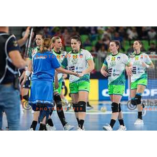 Natasa Ljepoja and Nina Zulic during the handball match between Slovenia and Norway at Women\'s EHF Euro 2022 in Ljubljana, Slovenia on November 14, 2022