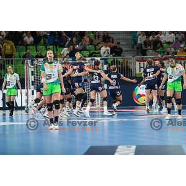 Team Norway players celebrate victory at the handball match between Slovenia and Norway at Women\'s EHF Euro 2022 in Ljubljana, Slovenia on November 14, 2022