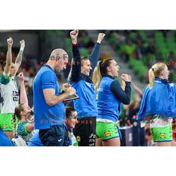 Amra Pandzic and Tija Gomilar Zickero during the handball match between Slovenia and Norway at Women\'s EHF Euro 2022 in Ljubljana, Slovenia on November 14, 2022