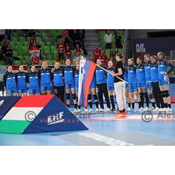 in action during the handball match between Slovenia and Hungary at Women\'s EHF Euro 2022 in Ljubljana, Slovenia on November 16, 2022