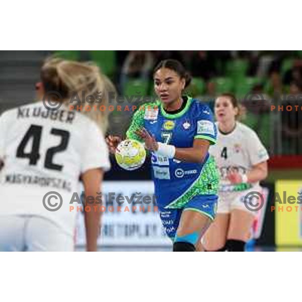 Elizabeth Omoregie in action during the handball match between Slovenia and Hungary at Women\'s EHF Euro 2022 in Ljubljana, Slovenia on November 16, 2022