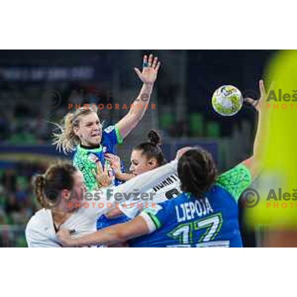 in action during the handball match between Slovenia and Hungary at Women\'s EHF Euro 2022 in Ljubljana, Slovenia on November 16, 2022