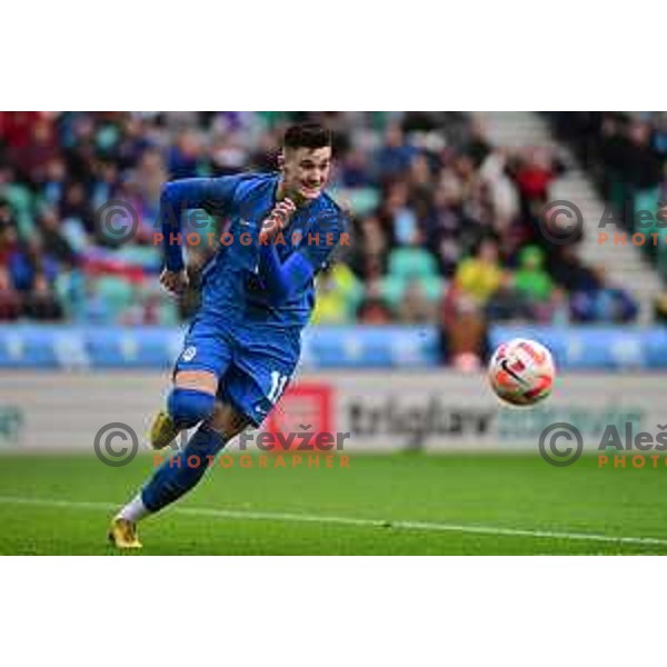 In action at friendly football match between Slovenia and Montenegro in Ljubljana, Slovenia on November 20, 2022