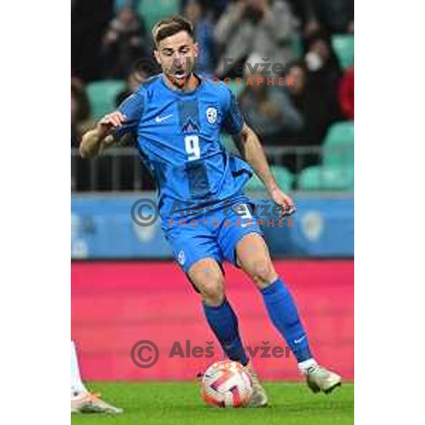 In action at friendly football match between Slovenia and Montenegro in Ljubljana, Slovenia on November 20, 2022