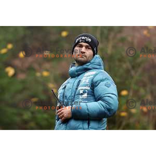 Robert Hrgota, head coach of Slovenia Nordic ski jumping team during practice session in Kranj, Slovenia on November 21, 2022 