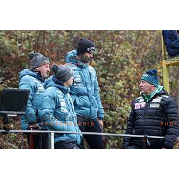 Jani Grilc, Robert Hrgota, head coach of Slovenia Nordic ski jumping team and Goran Janus during practice session in Kranj, Slovenia on November 21, 2022