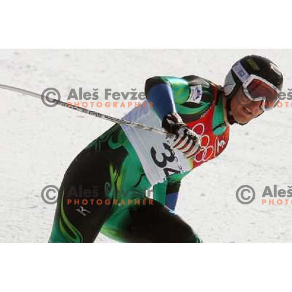 Andrej Sporn (SLO) in the finish line of 2006 Torino Winter Olympic games men\'s downhill race in Borgata, Sestriere on February 12, 2006