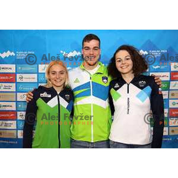 Neza Klancar, Peter John Stevens and Katja Fain of Slovenia Swimming team at press conference in Ljubljana, Slovenia on November 28, 2022 