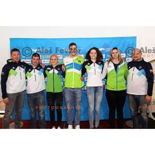 Gorazd Podrzavnik, Luka Berdajs, Neza Klancar, Peter John Stevens, Katja Fain, Metka Sparavec and Tomaz Torkar of Slovenia Swimming team at press conference in Ljubljana, Slovenia on November 28, 2022