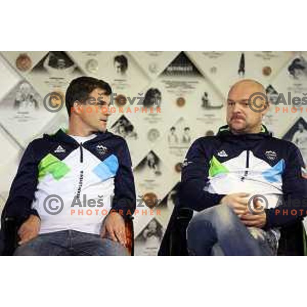 Luka Berdajs and Tomaz Torkar, coaches of Slovenia Swimming team at press conference in Ljubljana, Slovenia on November 28, 2022 