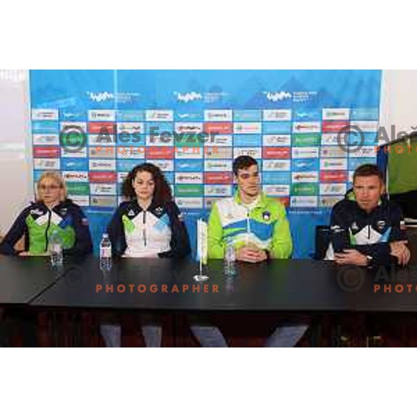 Neza Klancar, Peter John Stevens, Katja Fain and Gorazd Podrzavnik of Slovenia Swimming team at press conference in Ljubljana, Slovenia on November 28, 2022 