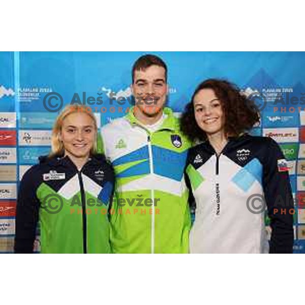 Neza Klancar, Peter John Stevens and Katja Fain of Slovenia Swimming team at press conference in Ljubljana, Slovenia on November 28, 2022 