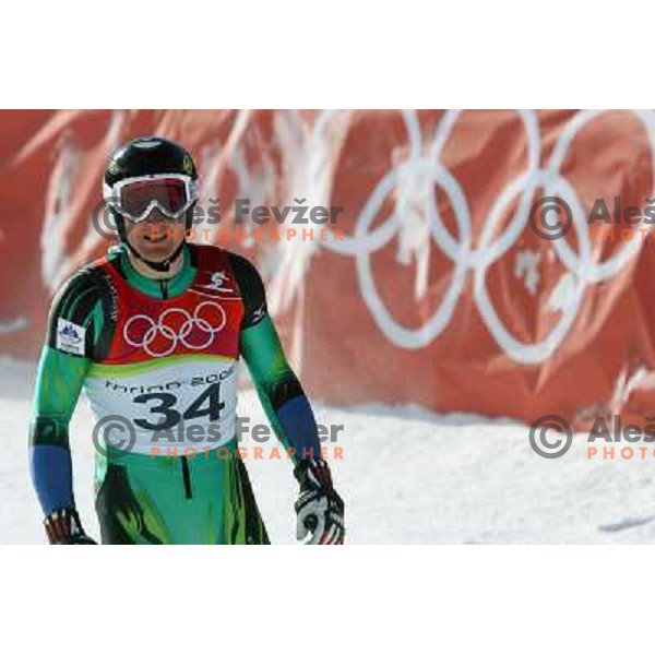 Andrej Sporn (SLO) in the finish line of 2006 Torino Winter Olympic games men\'s downhill race in Borgata, Sestriere on February 12, 2006