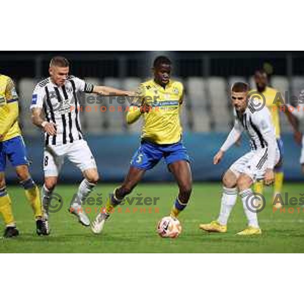 Luka Bobicanec and Omar Correia in action during Prva Liga Telemach 2022-2023 football match between Koper and Mura at Bonifika Arena in Koper, Slovenia on November 30, 2022