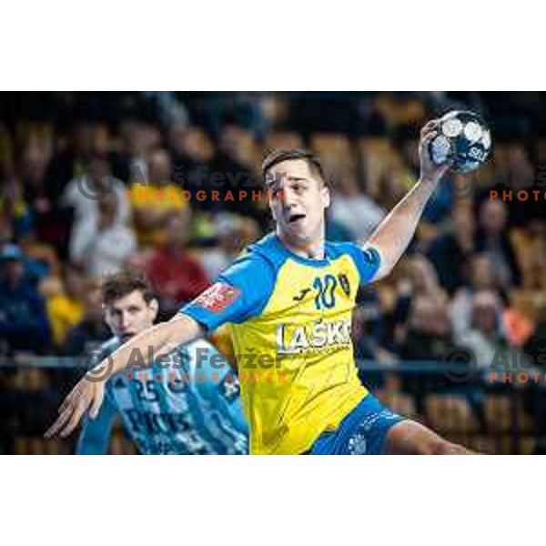 Tim Cokan in action during EHF Champions League handball match between RK Celje Pivovarna Lasko and Pick Szeged in Dvorana Zlatorog, Celje, Slovenia on November 30, 2022. Photo: Jure Banfi