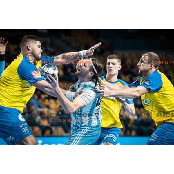 Matic Suholeznik, Dean Bombac and Ziga Mlakar in action during EHF Champions League handball match between RK Celje Pivovarna Lasko and Pick Szeged in Dvorana Zlatorog, Celje, Slovenia on November 30, 2022. Photo: Jure Banfi