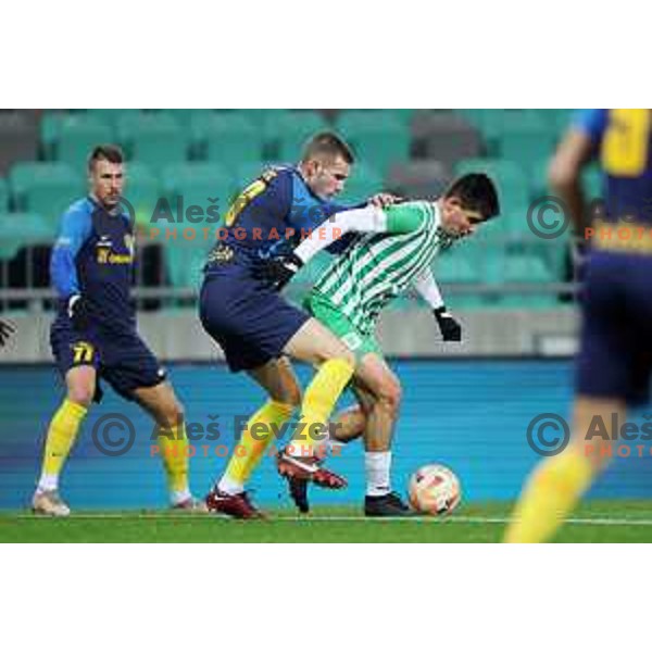 David Zec of Celje and Svit Seslar in action during Prva Liga Telemach 2022-2023 football match between Olimpija and Celje in SRC Stozice, Ljubljana, Slovenia on December 1, 2022