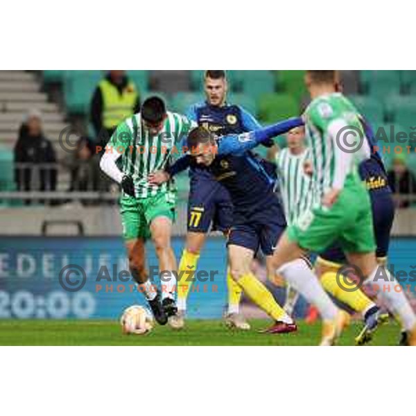 David Zec of Celje and Svit Seslar in action during Prva Liga Telemach 2022-2023 football match between Olimpija and Celje in SRC Stozice, Ljubljana, Slovenia on December 1, 2022