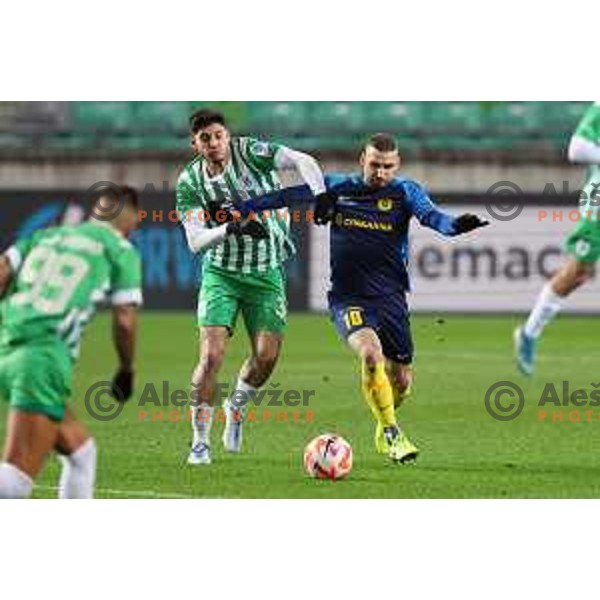 Nino Kouter of Celje and Agustin Doffo in action during Prva Liga Telemach 2022-2023 football match between Olimpija and Celje in SRC Stozice, Ljubljana, Slovenia on December 1, 2022 