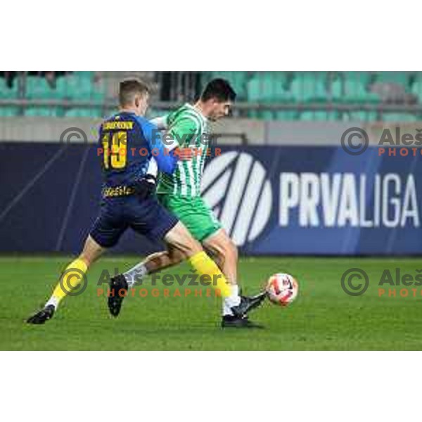 Mark Zabukovnik of Celje and Svit Seslar in action during Prva Liga Telemach 2022-2023 football match between Olimpija and Celje in SRC Stozice, Ljubljana, Slovenia on December 1, 2022