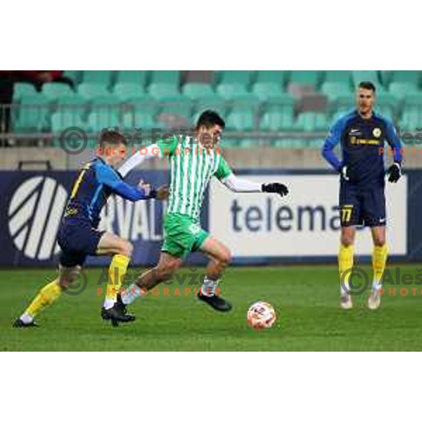 Mark Zabukovnik of Celje and Svit Seslar in action during Prva Liga Telemach 2022-2023 football match between Olimpija and Celje in SRC Stozice, Ljubljana, Slovenia on December 1, 2022