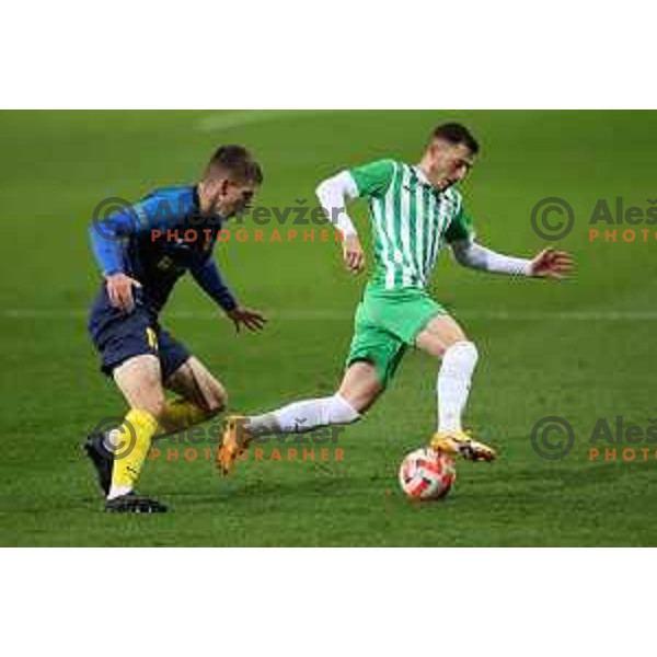 Mark Zabukovnik of Celje and Mario Kvesic in action during Prva Liga Telemach 2022-2023 football match between Olimpija and Celje in SRC Stozice, Ljubljana, Slovenia on December 1, 2022