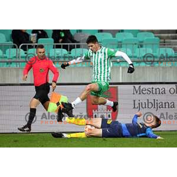 Mark Zabukovnik of Celje and Svit Seslar in action during Prva Liga Telemach 2022-2023 football match between Olimpija and Celje in SRC Stozice, Ljubljana, Slovenia on December 1, 2022