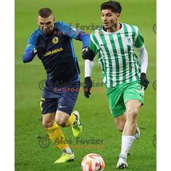 Nino Kouter of Celje and Agustin Doffo in action during Prva Liga Telemach 2022-2023 football match between Olimpija and Celje in SRC Stozice, Ljubljana, Slovenia on December 1, 2022 