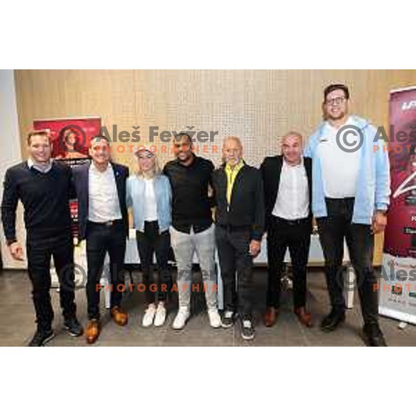 Benjamin Savsek, Tomaz Barada, Janja Garnbret, Marcos Tavares, Miro Cerar, Dejan Zavec and Kristjan Ceh during Arena Fight Nights-Sport & Charity event in Maribor, Slovenia on December 2, 2022