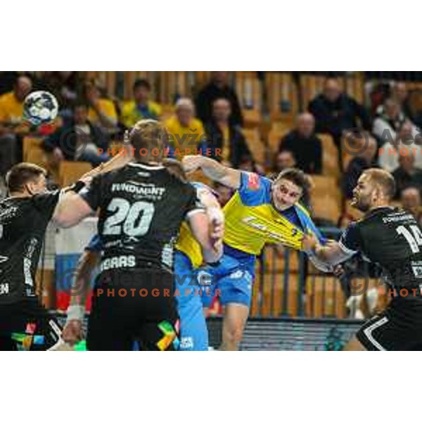 Tilen Strmljan in action during EHF Champions League handball match between Celje Pivovarna Lasko and Elverum handball in Zlatorog Arena, Celje, Slovenia on December 7, 2022